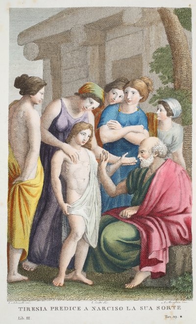 Tiresias profetiza o Tirenia predice a Narciso su suerte, Libro III, ilustración de las Metamorfosis de Ovidio, Florencia, 1832 de Luigi Ademollo